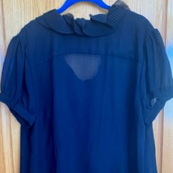 Pamela Dennis Black Sheer Ruffled Blouse Button Front Short Button Sleeves Sz XL - Picture 4 of 6